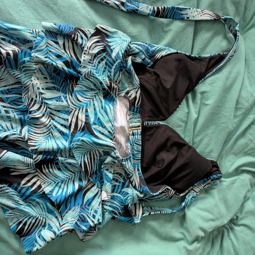 Time and Tru Blue Leaf Print Tankini Top - Picture 3 of 5
